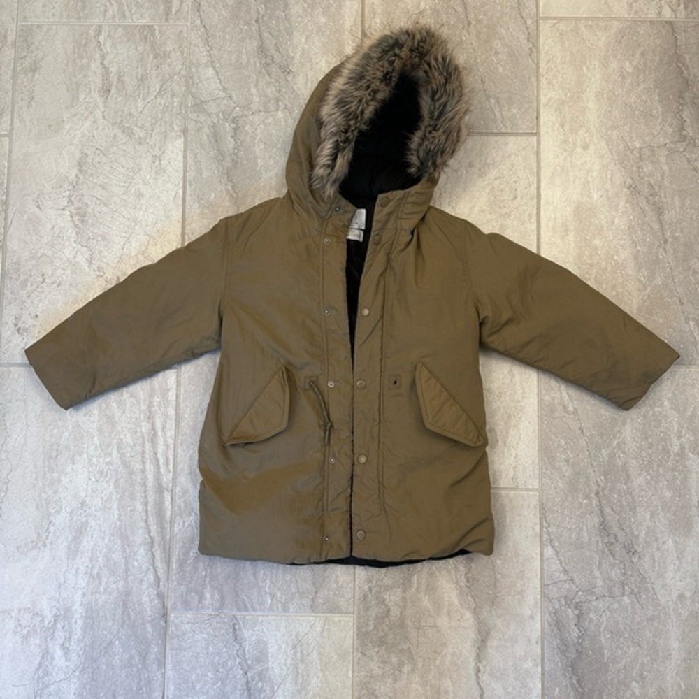 Kids' Khaki Hooded Jacket with Faux Fur Trim